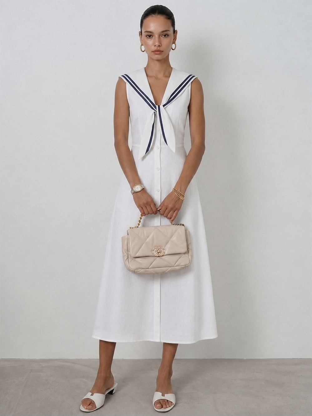 Commense White Midi Sailor Dress with Navy Trim